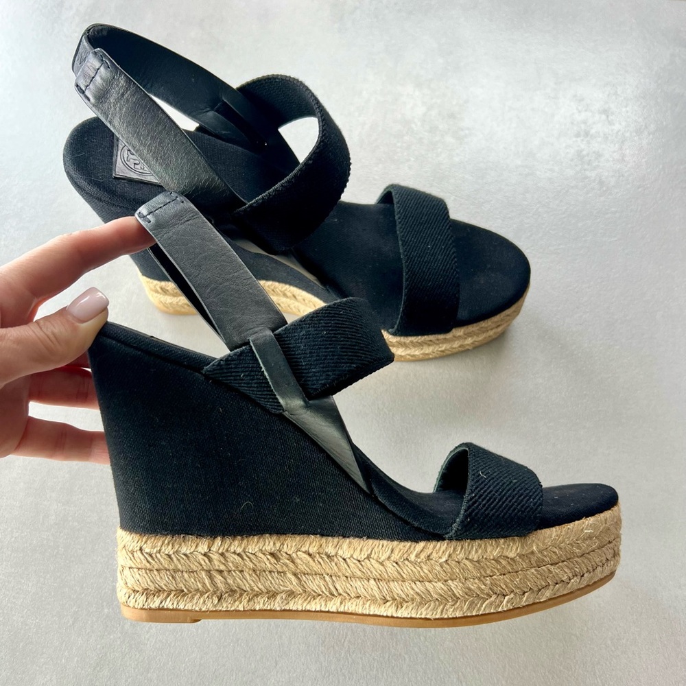 Tory Burch Black and Tan Wedge Sandals